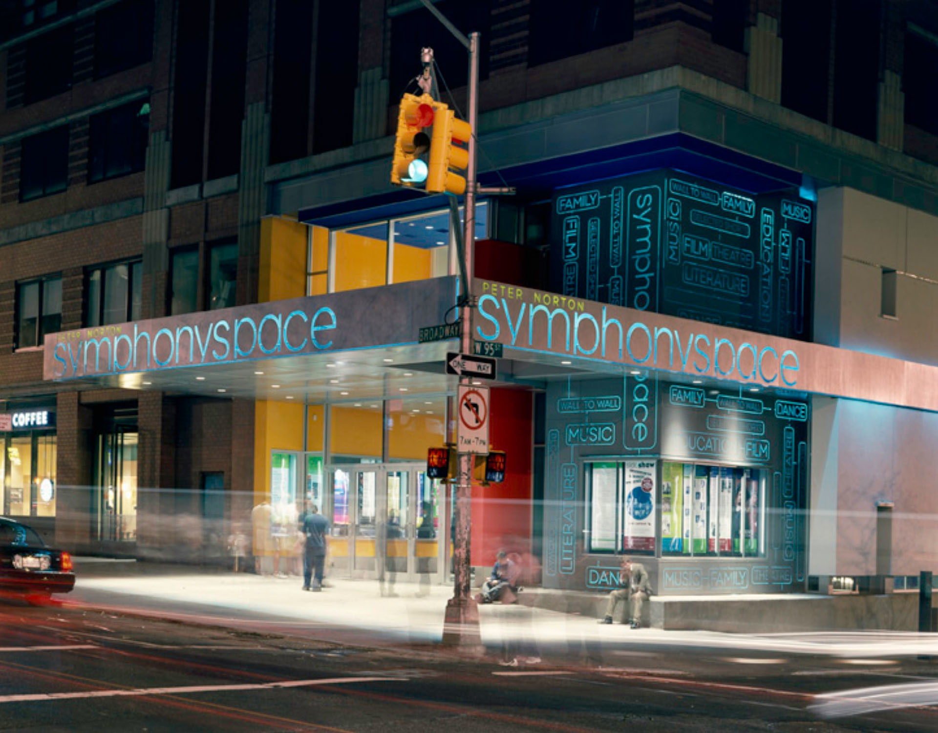 SYMPHONY SPACEIdentity, signage – 2002Partner/Designer – Paula ScherDesigners – Dok Chon, Rion Byrd, Tina ChangArchitects – Polshek Partnership ArchitectsPhoto credit – Peter Mauss/EstoSymphony Space is a community-based arts organization that presents a diverse range of programming in music, film, dance, literature and theater.  Founded in 1978 in an abandoned movie theater on Manhattan’s Upper West Side, it has grown from being a neighborhood fixture affectionately known for its well-worn auditorium into a role as one of the city’s most eclectic and vibrant cultural institutions.  Accessibility to the public is part of its mission, and along with its own calendar of performances, concerts, family events and educational programs (including a partnership with the New York City public schools) Symphony Space serves as a place for some 40 not-for-profit arts organizations to stage work.  Its reach extends well beyond upper Broadway – it is perhaps best known for producing the readings series “Selected Shorts,” broadcast nationally on NPR.The 2002 renovation designed in collaboration by Polshek Partnership Architects and Pentagram marries architecture and graphics to give Symphony Space a physical presence that matches its cultural activity.  The interior renovation preserves the existing auditorium but expands the facility into a two-theater performing arts space by uniting it with the adjacent Thalia Theater, a repertory movie house.  Outside, a new marquee awning connects Symphony Space to the Thalia, extending its reach out over the corner of 95th and Broadway and using the building’s architecture and graphics to talk to the s